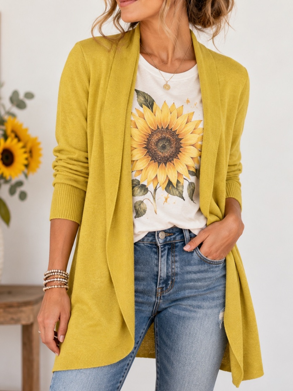 🌻 Merona Mustard Yellow Draped Open Front Cardigan Sweater L Boho Target